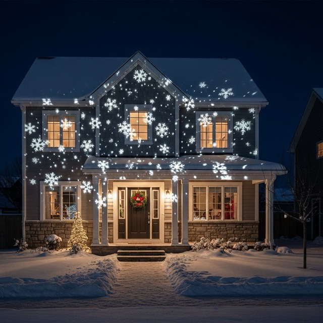 Fachada de casa con proyector de nieve
