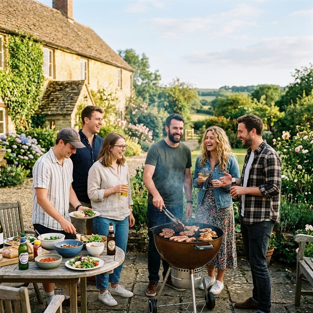 Amigos haciendo barbacoa en casa rural