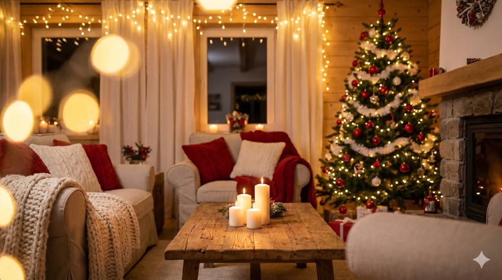 Salón acogedor con iluminación navideña