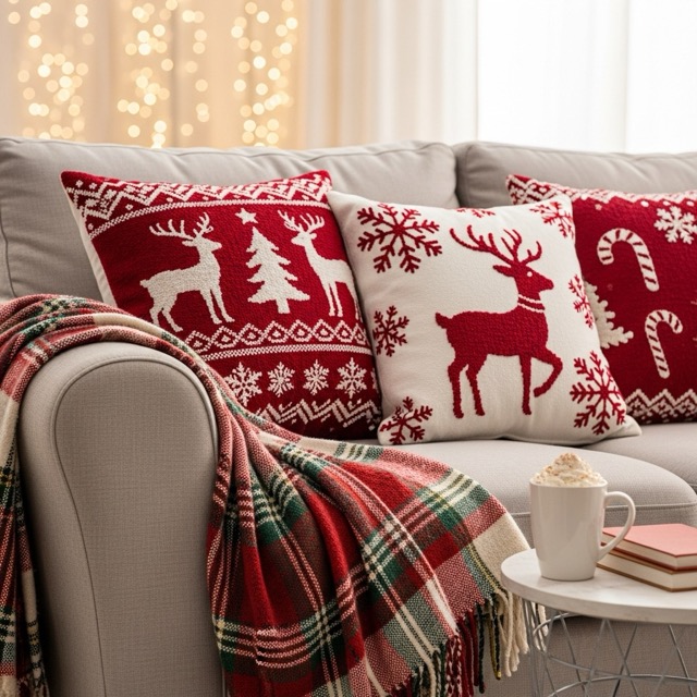 Sofá con textiles navideños