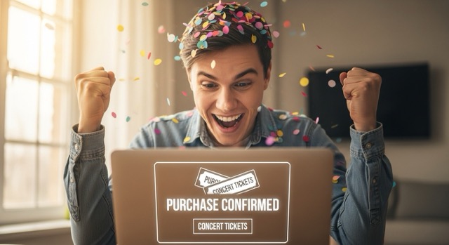 Persona celebrando con entradas compradas